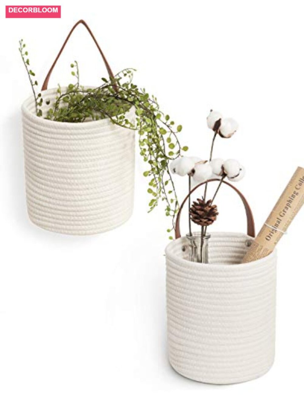 Cotton Rope Hanging Baskets, 2 Pack Wall Decor Storage Basket with Leather